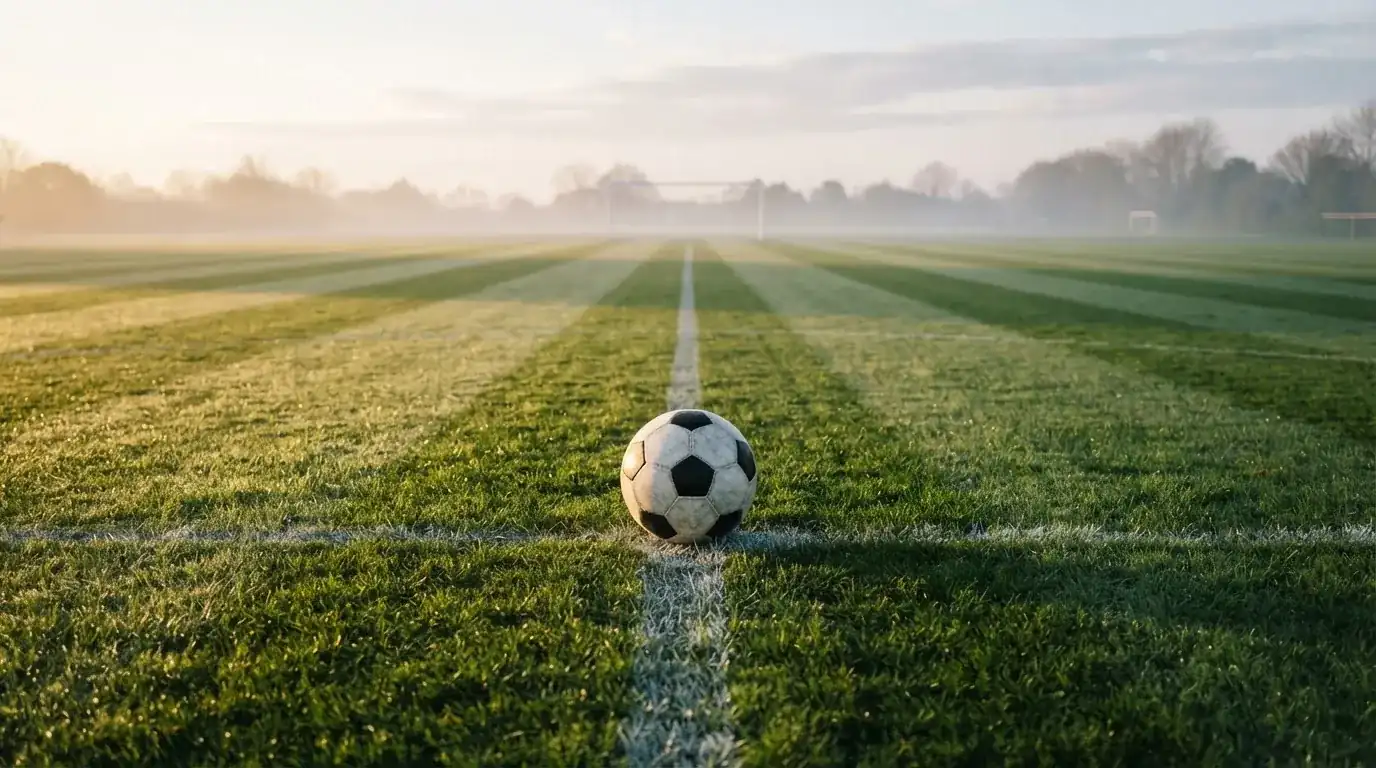 Een voetbal op de middenstip van een grasveld in het ochtendlicht