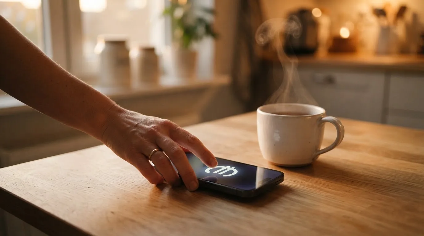Een hand legt een smartphone naast een kopje thee op een keukentafel, een rustige avond