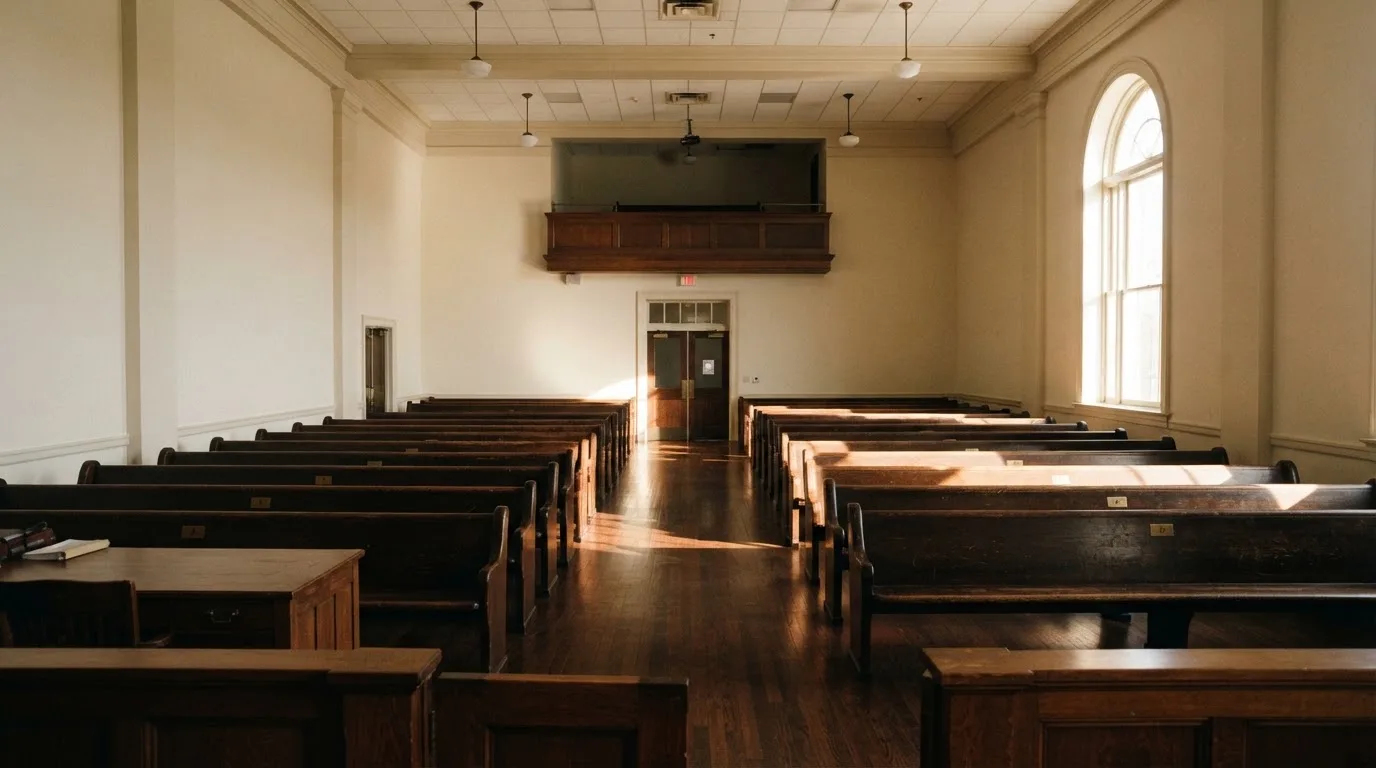 Een lege rechtszaal met houten banken in het ochtendlicht