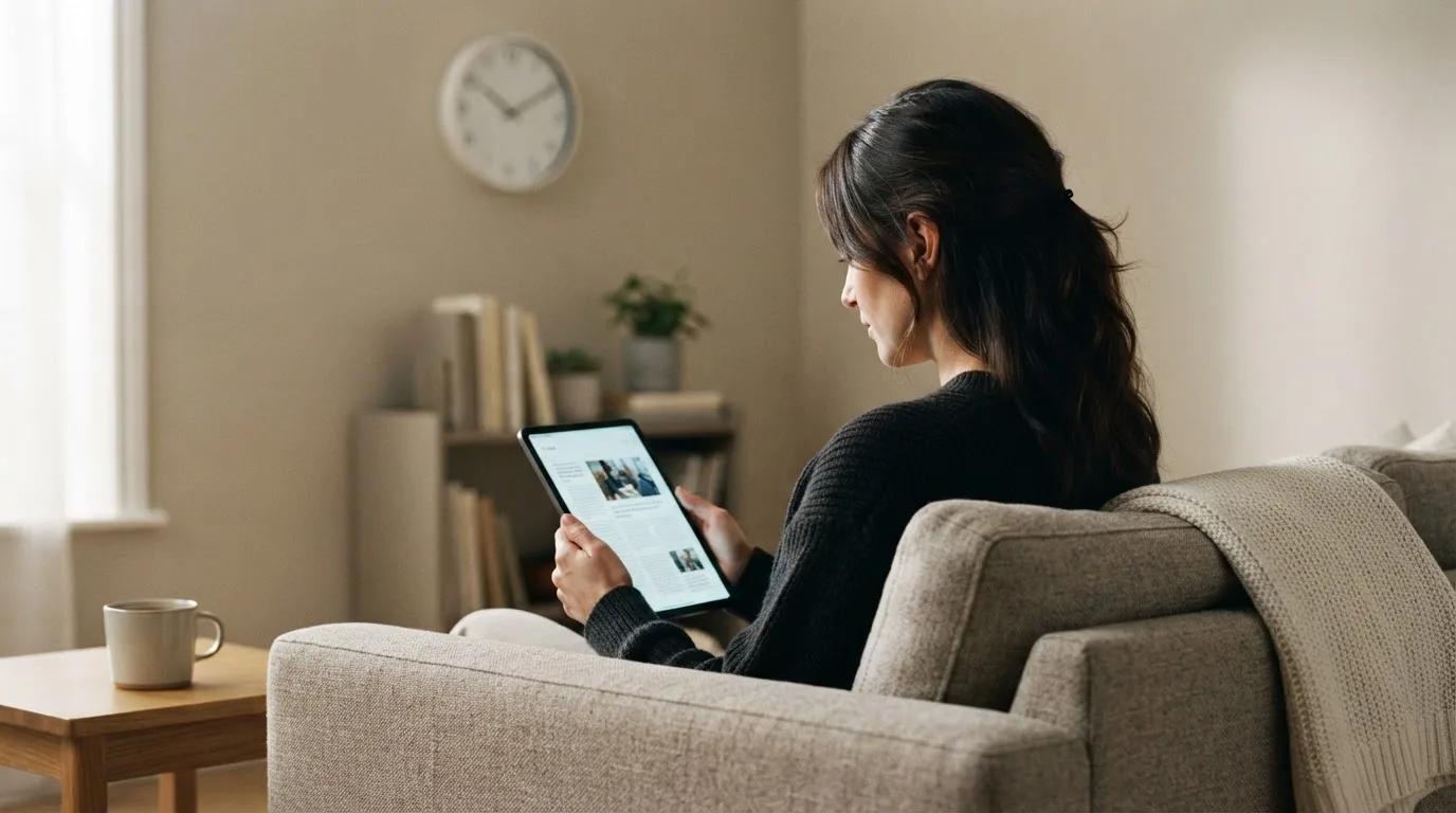Een persoon op de bank kijkt peinzend naar een tablet, op de achtergrond een klok aan de muur
