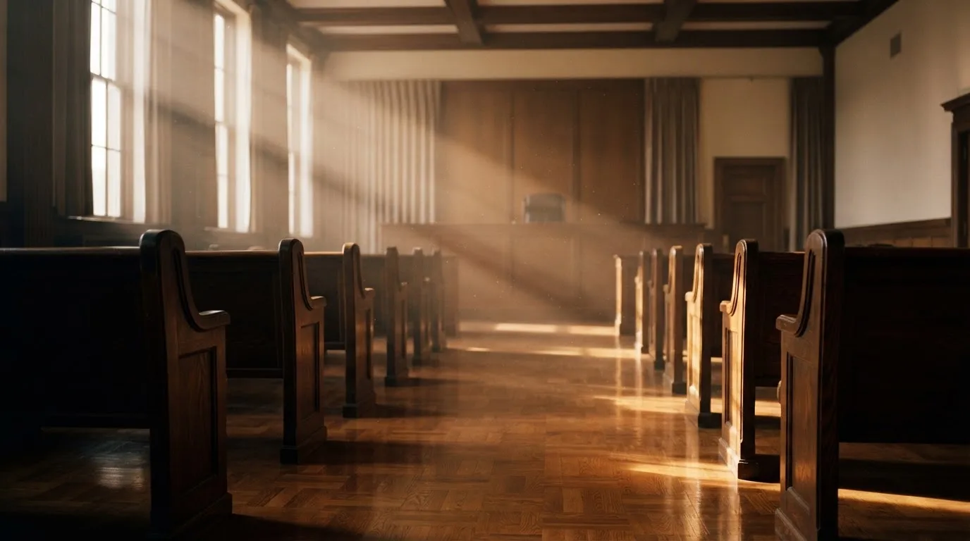 Een lege rechtszaal met houten banken in het ochtendlicht