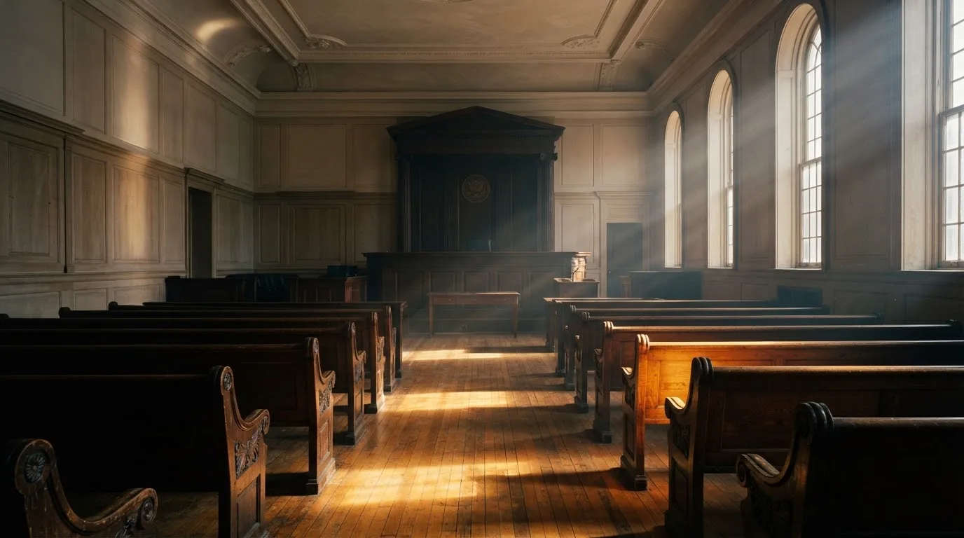 Een lege rechtszaal met houten banken in het ochtendlicht