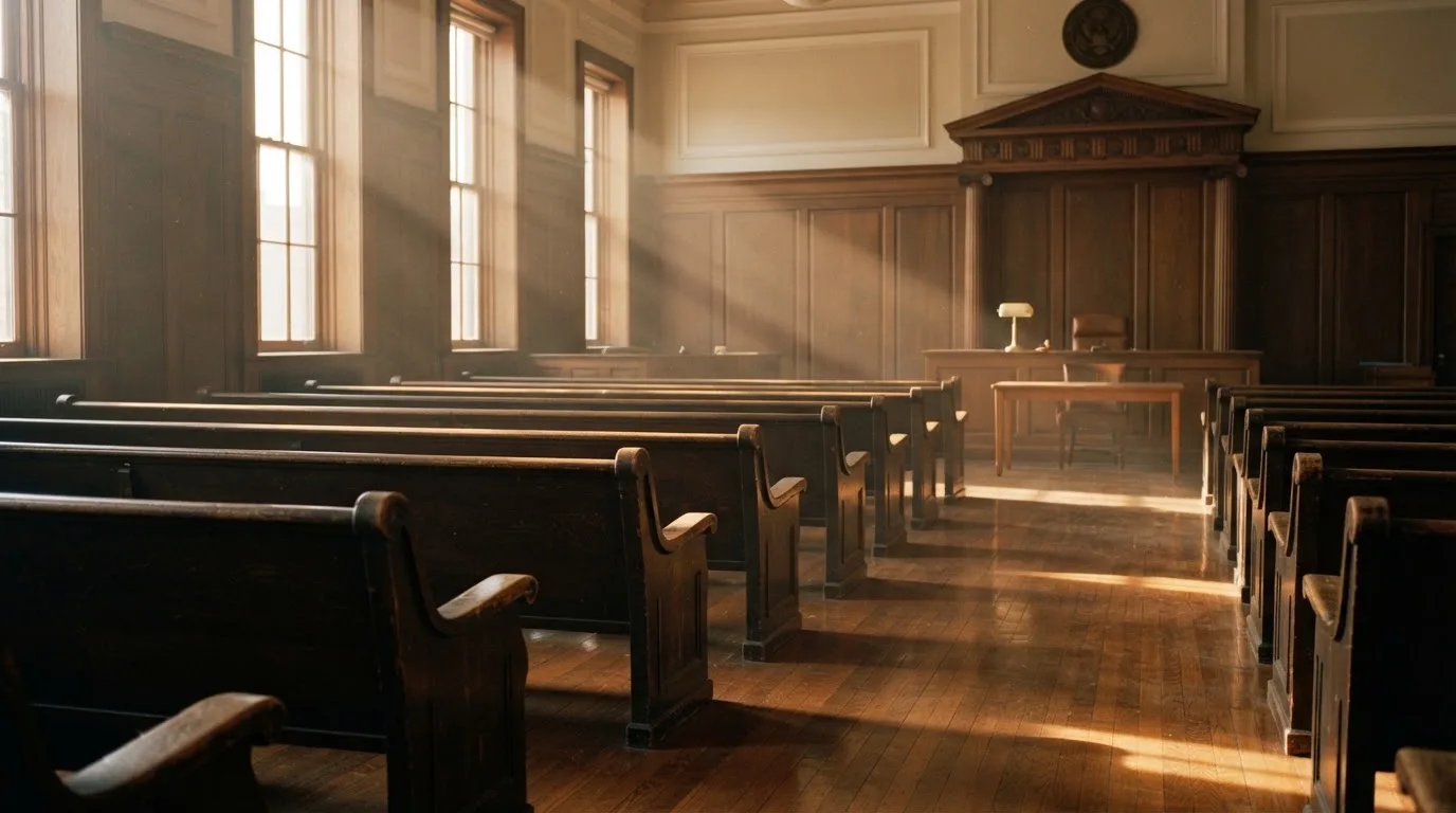Een lege rechtszaal met houten banken in het ochtendlicht