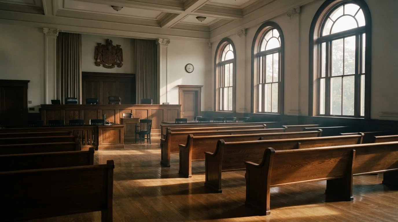 Een lege rechtszaal met houten banken in het ochtendlicht