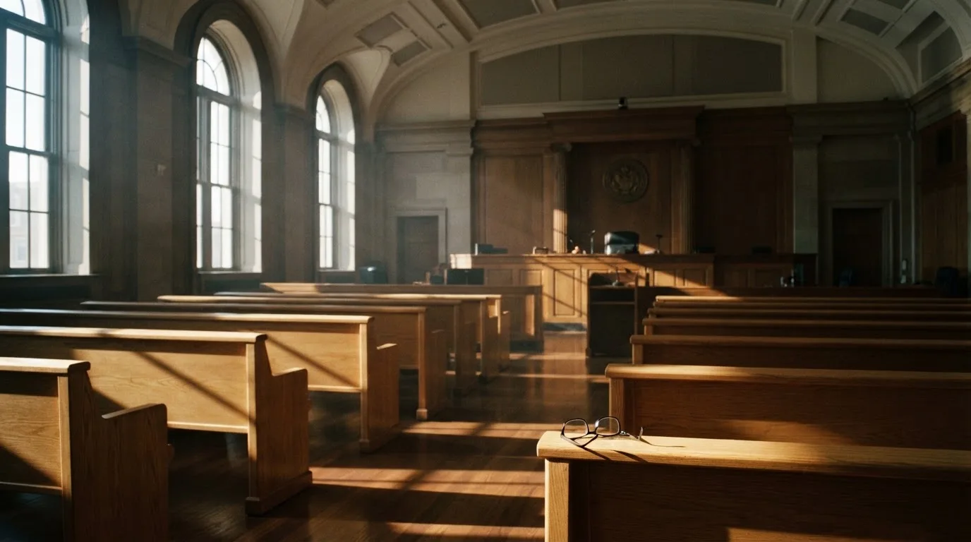 Een lege rechtszaal met houten banken in het ochtendlicht