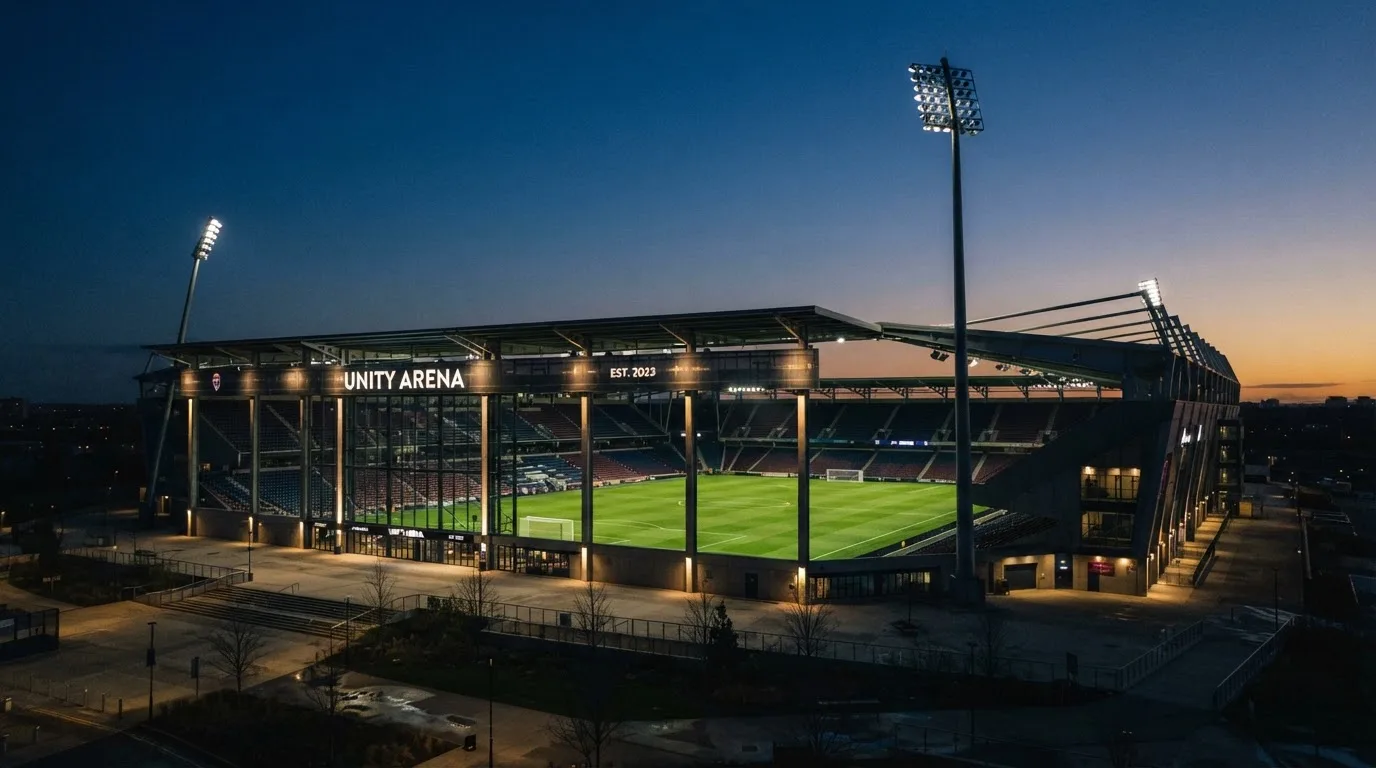 Een leeg voetbalstadion met lichtmasten bij schemering