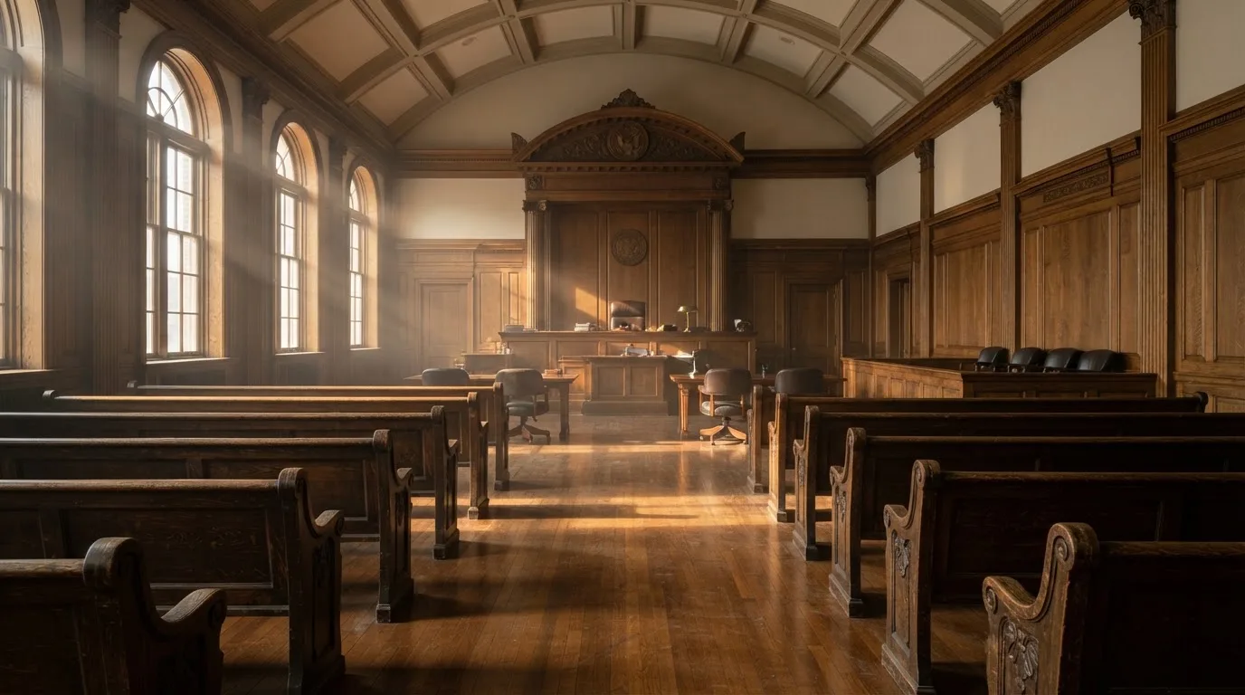 Een lege rechtszaal met houten banken in het ochtendlicht