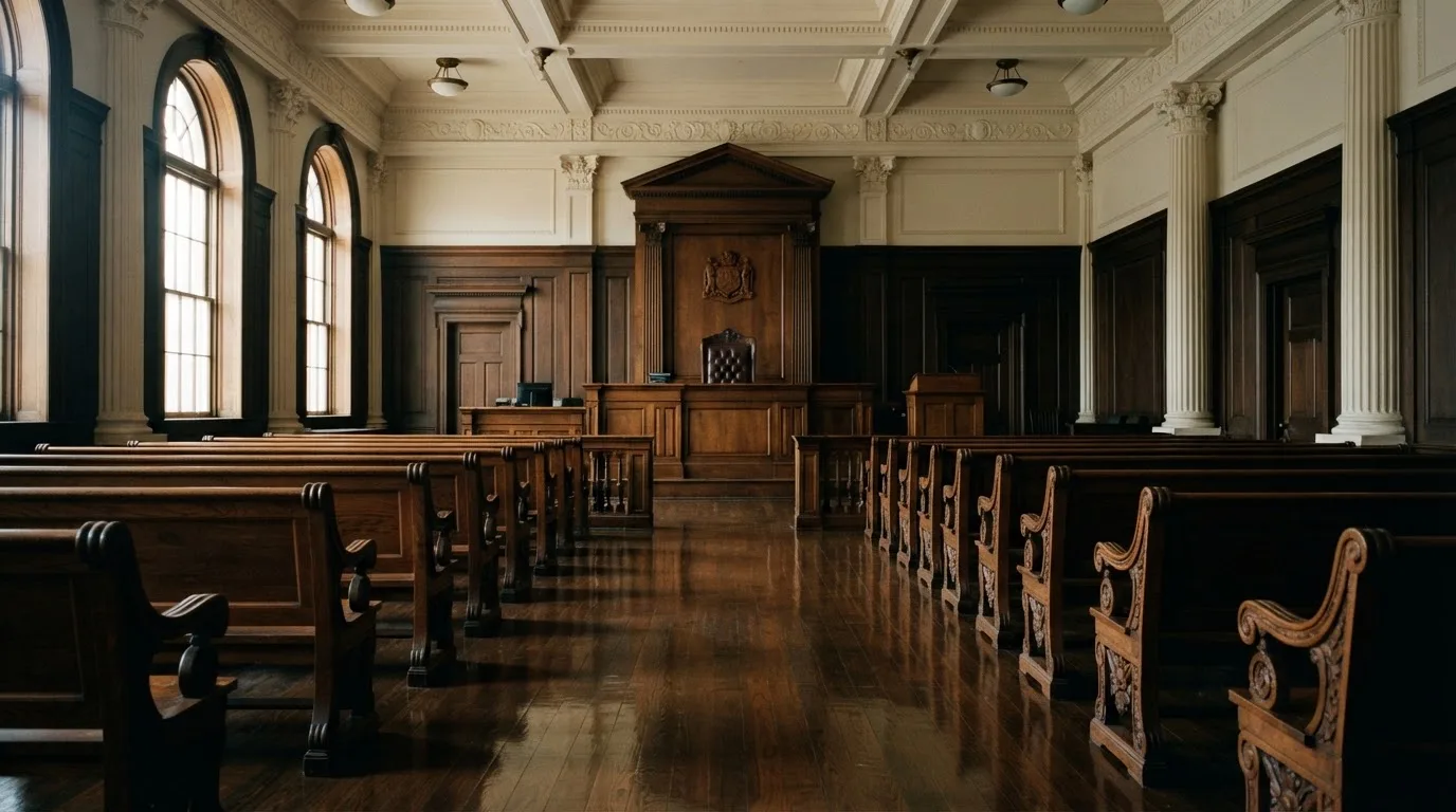 Een lege rechtszaal met houten banken in het ochtendlicht
