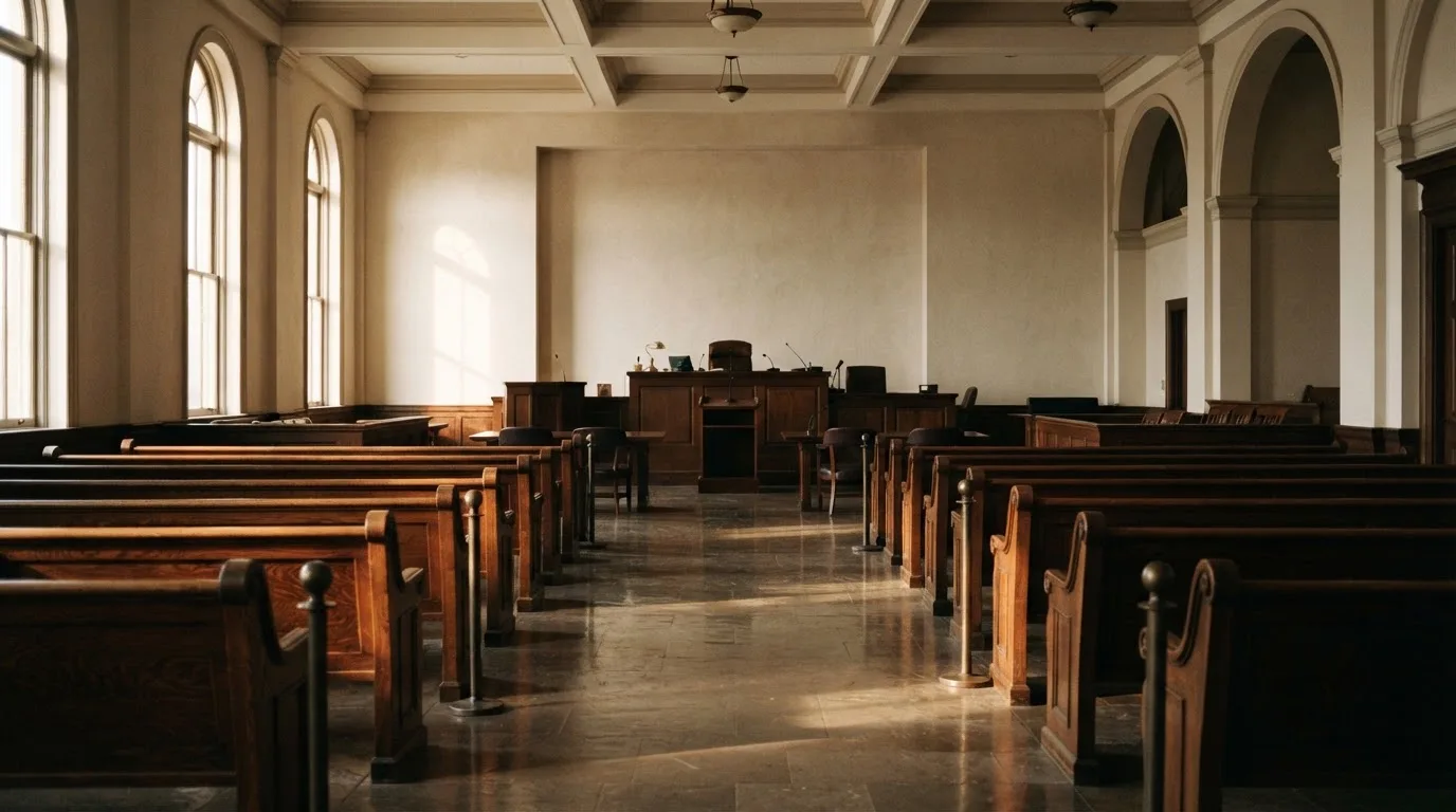 Een lege rechtszaal met houten banken in het ochtendlicht
