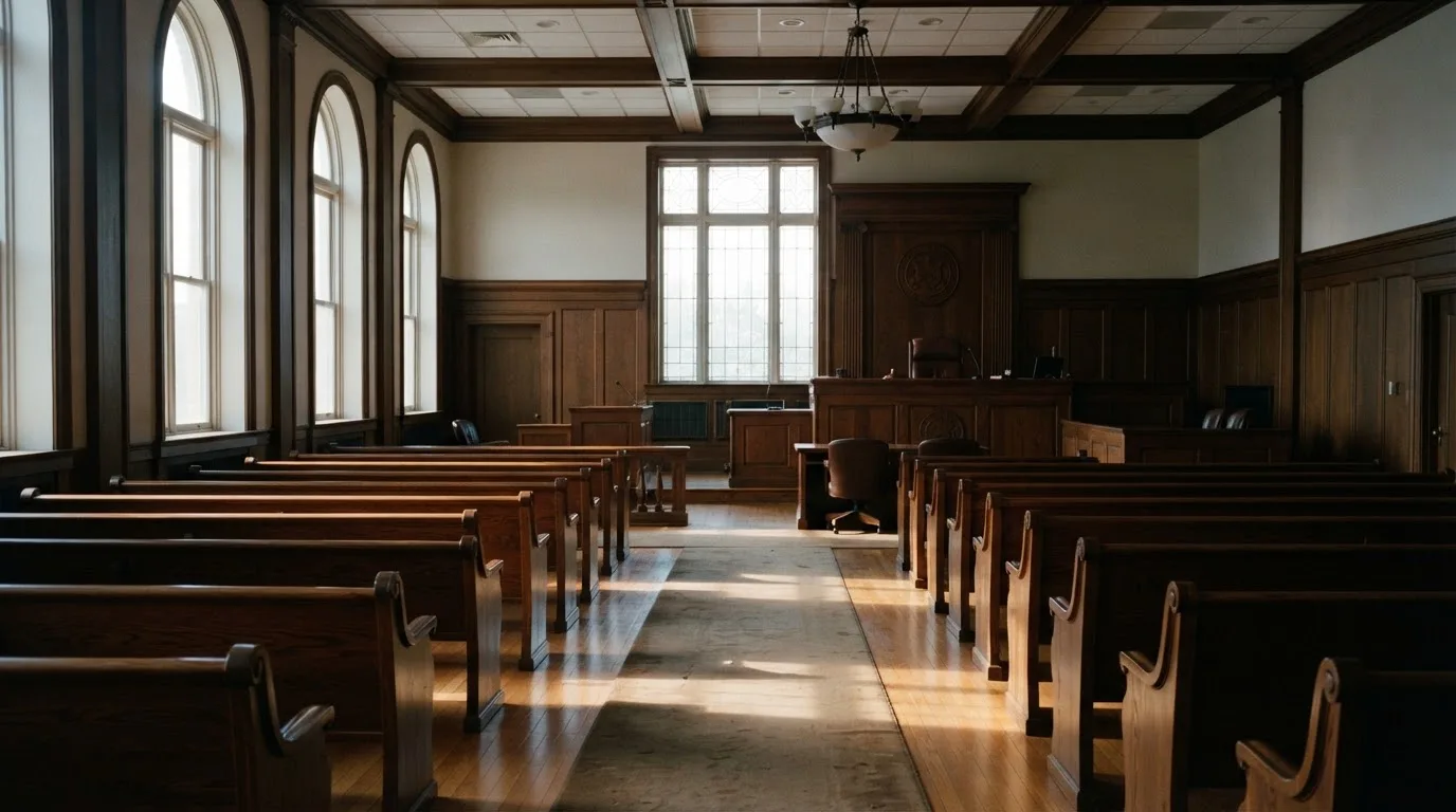 Een lege rechtszaal met houten banken in het ochtendlicht