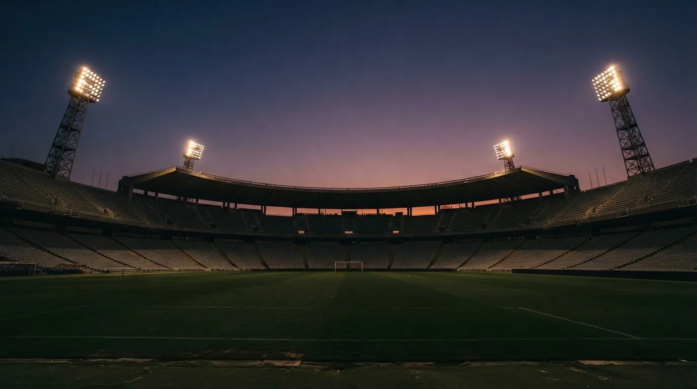 Een leeg voetbalstadion met lichtmasten bij schemering