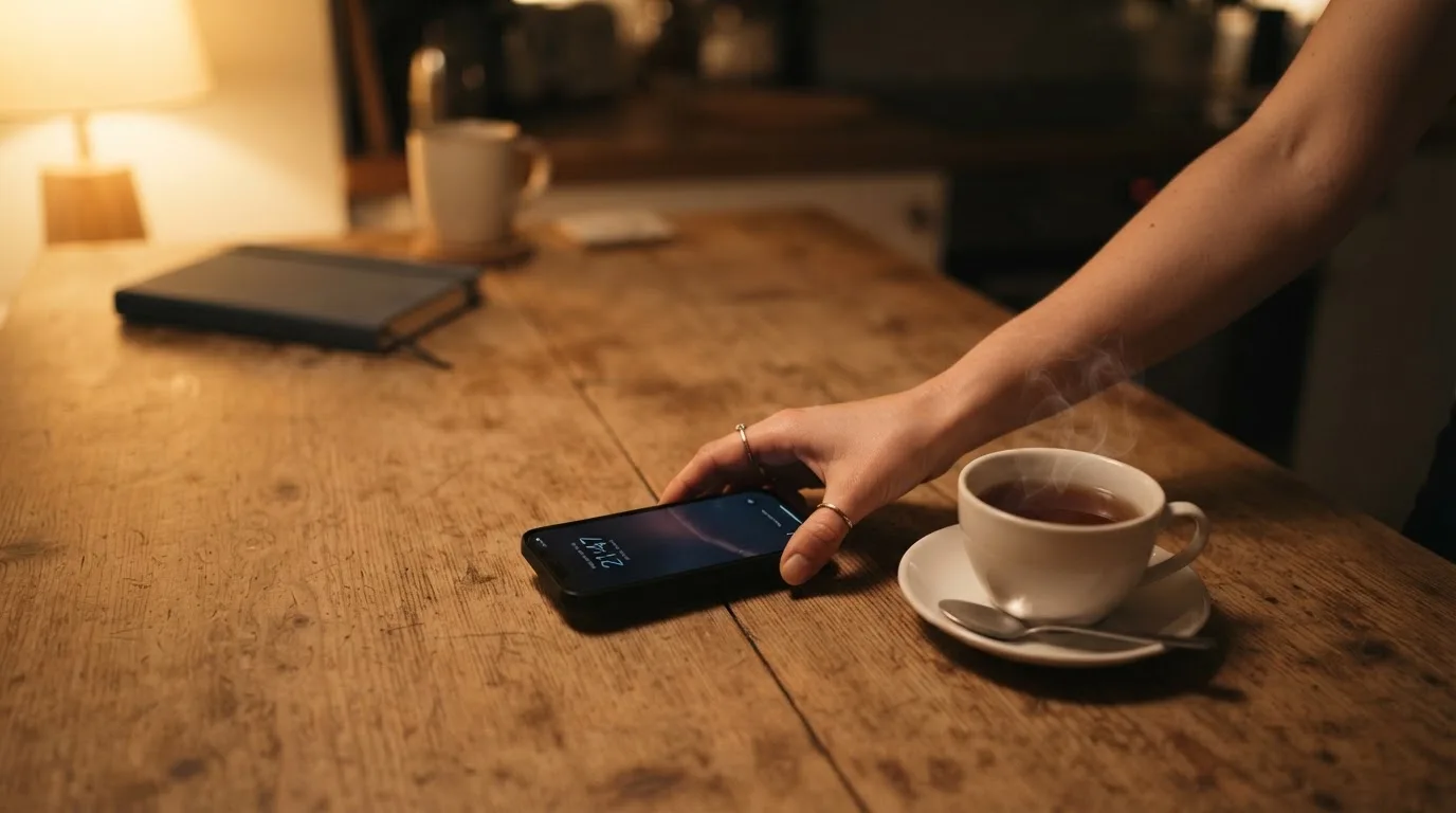 Een hand legt een smartphone naast een kopje thee op een keukentafel, een rustige avond