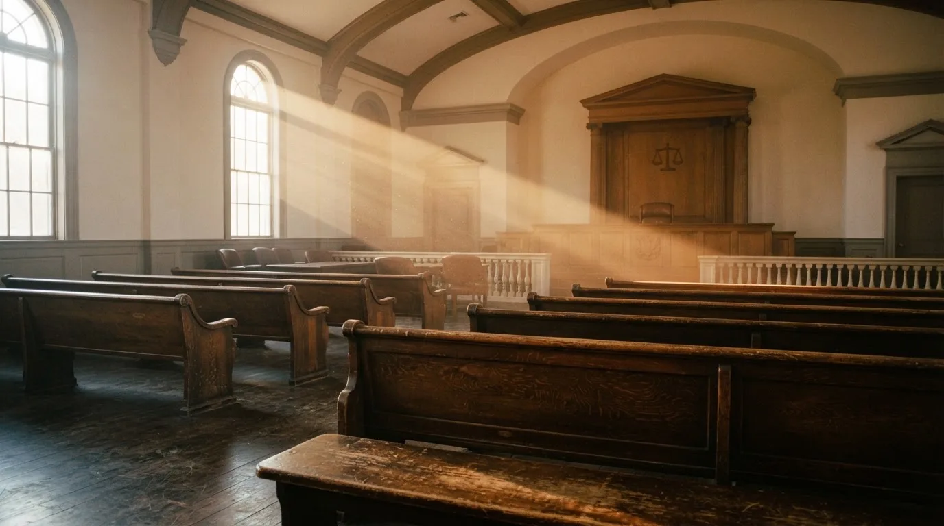 Een lege rechtszaal met houten banken in het ochtendlicht