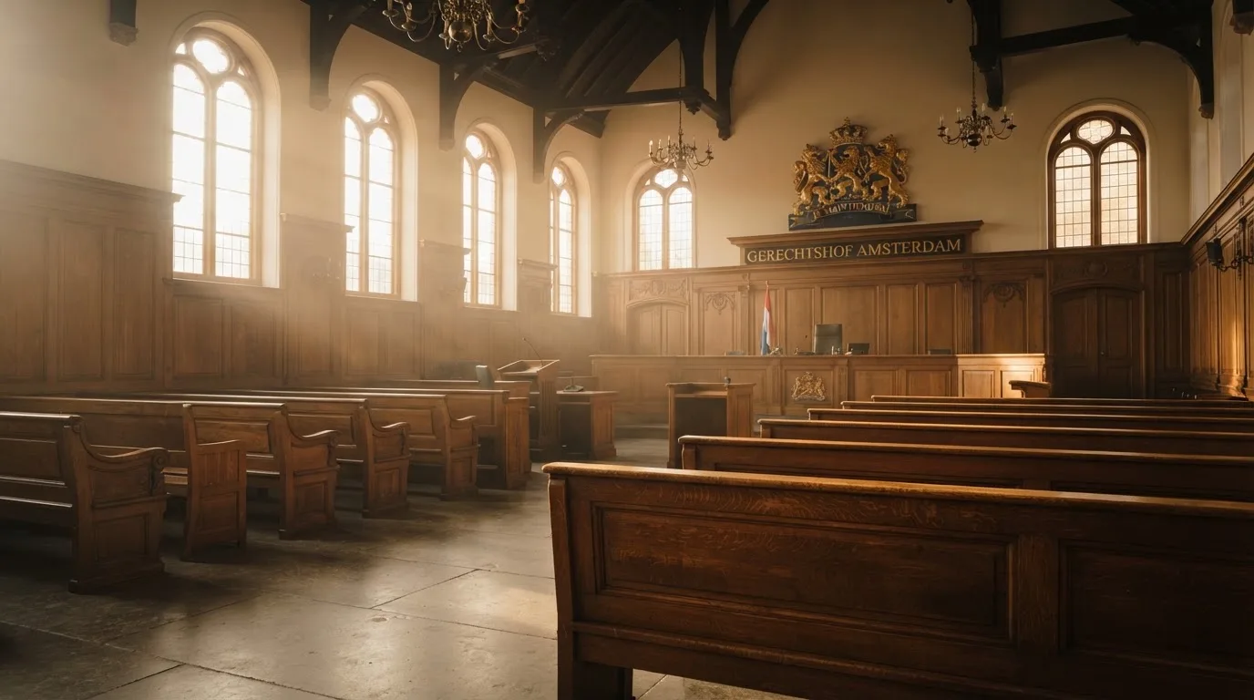Een lege rechtszaal met houten banken in het ochtendlicht