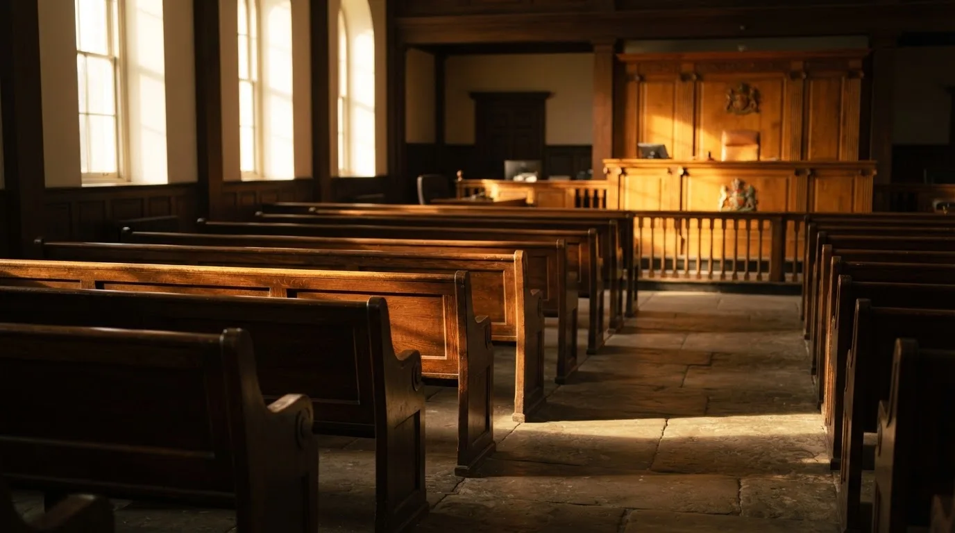 Een lege rechtszaal met houten banken in het ochtendlicht