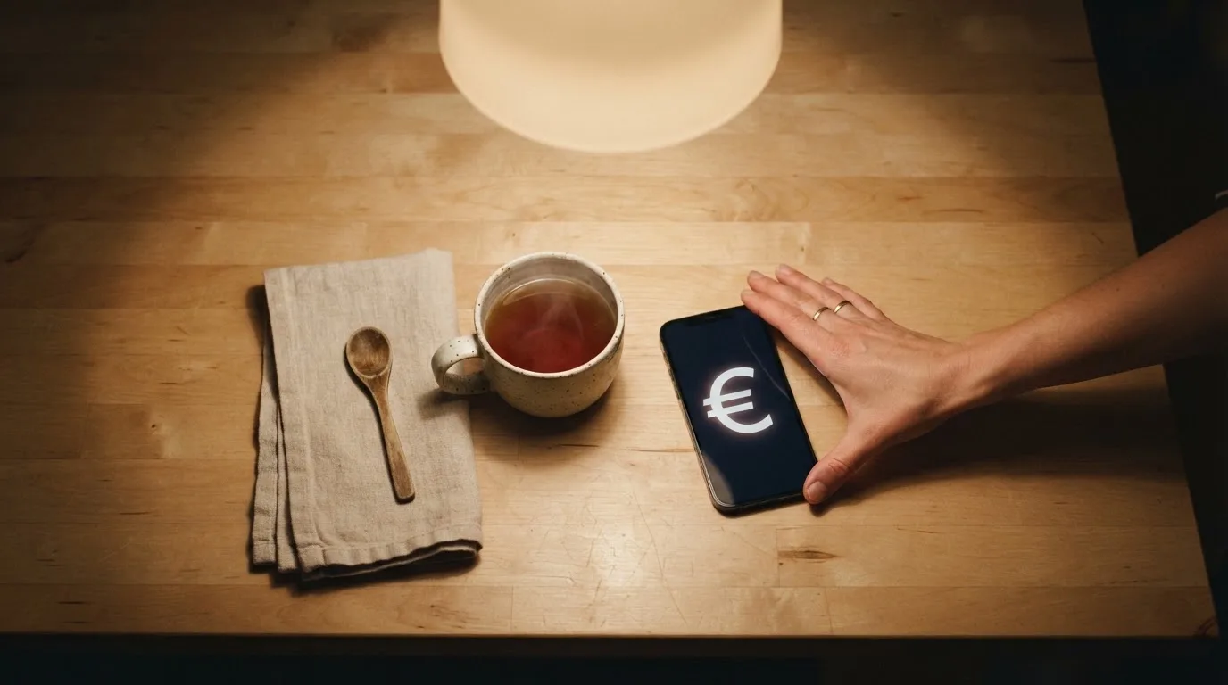 Een hand legt een smartphone naast een kopje thee op een keukentafel, een rustige avond