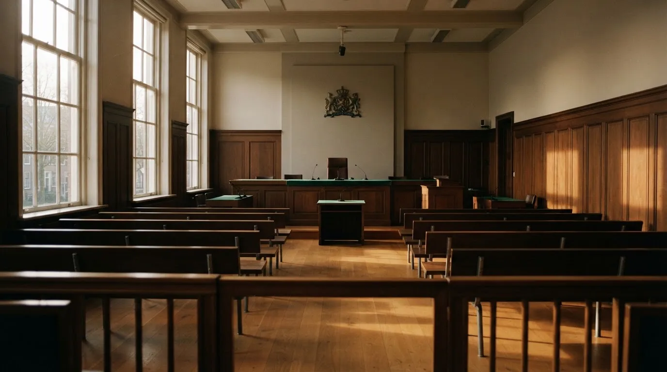 Een lege rechtszaal met houten banken in het ochtendlicht
