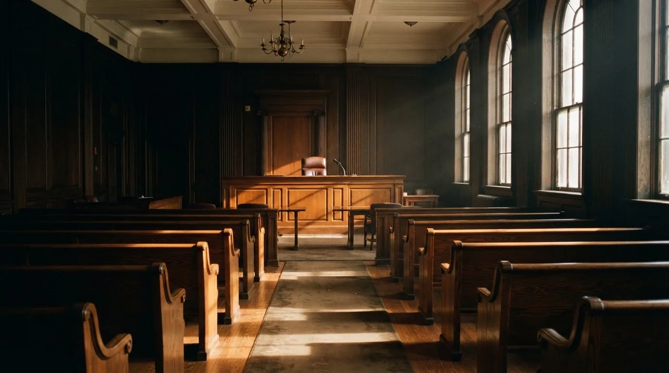Een lege rechtszaal met houten banken in het ochtendlicht