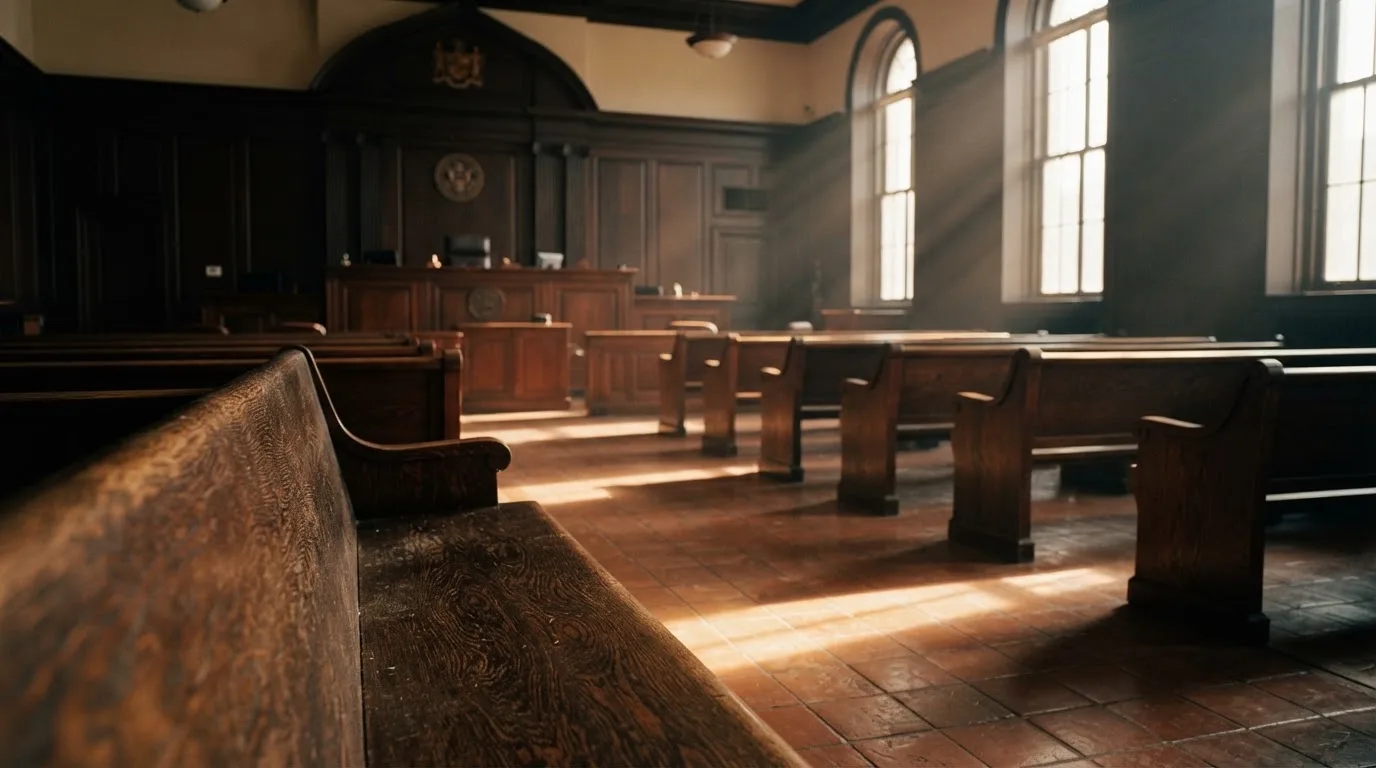 Een lege rechtszaal met houten banken in het ochtendlicht