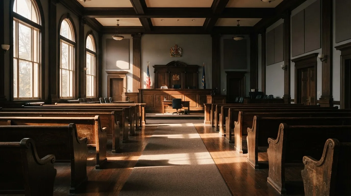 Een lege rechtszaal met houten banken in het ochtendlicht