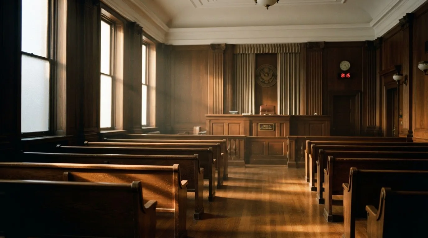 Een lege rechtszaal met houten banken in het ochtendlicht