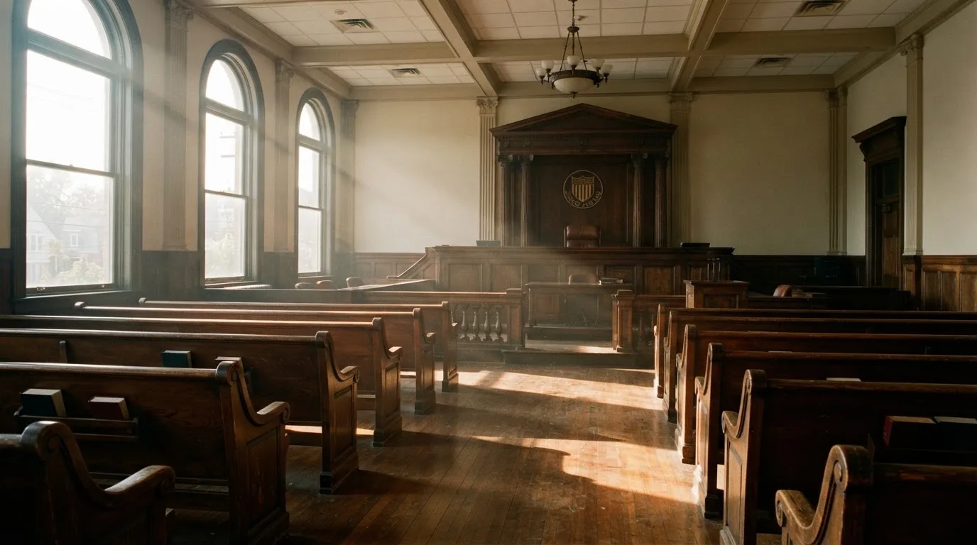 Een lege rechtszaal met houten banken in het ochtendlicht