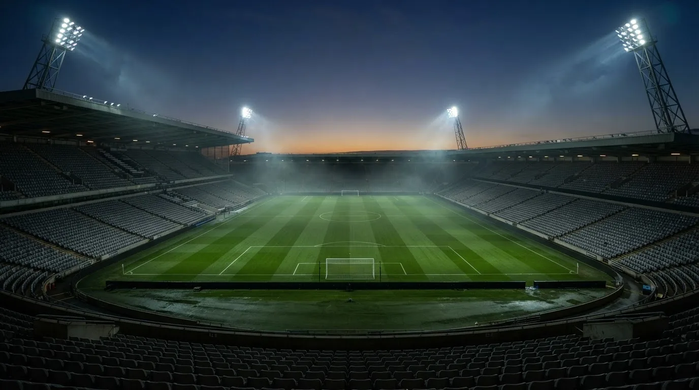 Een leeg voetbalstadion met lichtmasten bij schemering