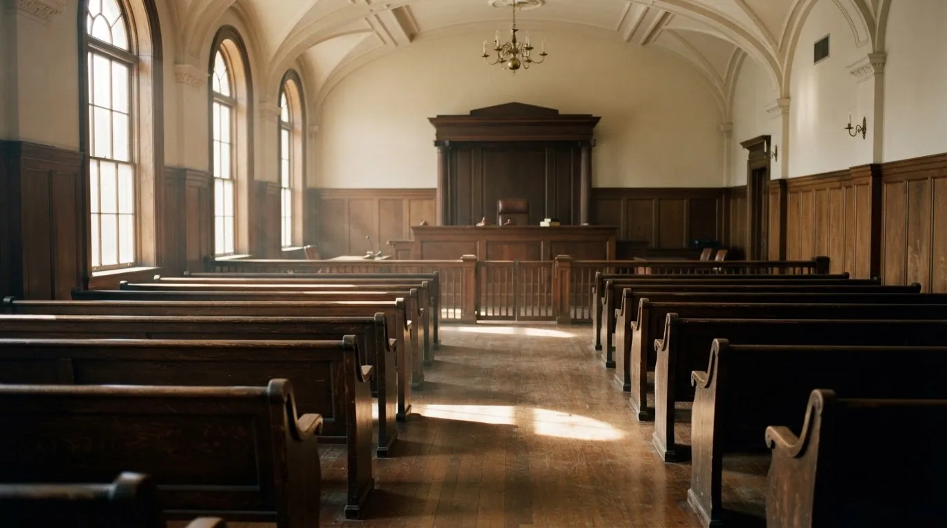 Een lege rechtszaal met houten banken in het ochtendlicht