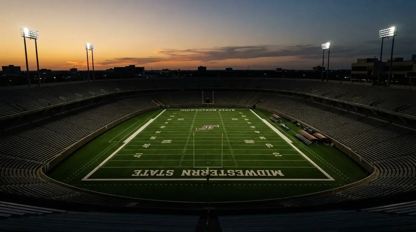 Een leeg voetbalstadion met lichtmasten bij schemering