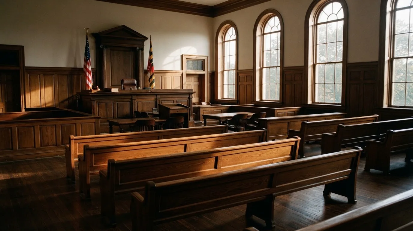 Een lege rechtszaal met houten banken in het ochtendlicht