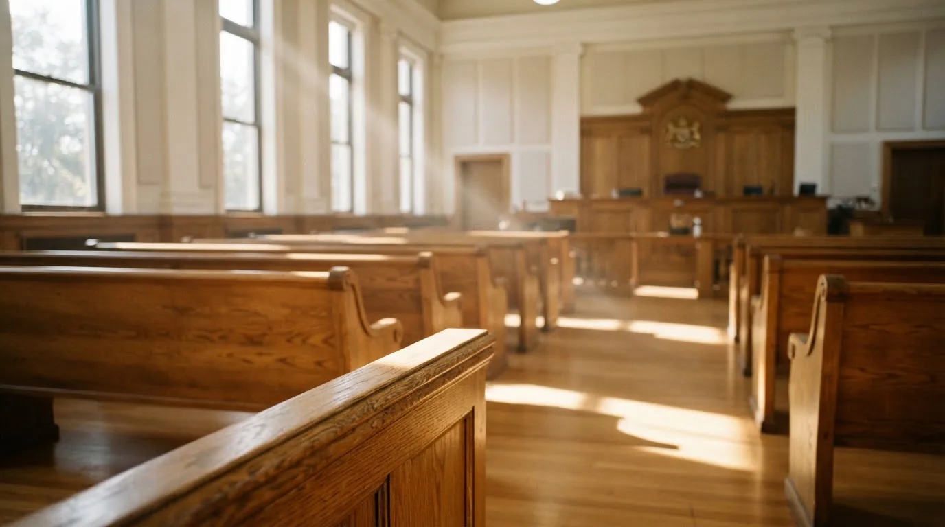 Een lege rechtszaal met houten banken in het ochtendlicht