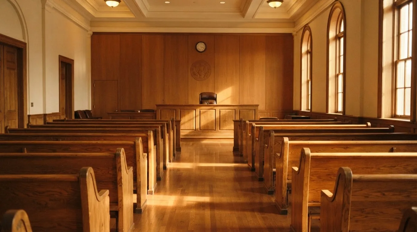 Een lege rechtszaal met houten banken in het ochtendlicht