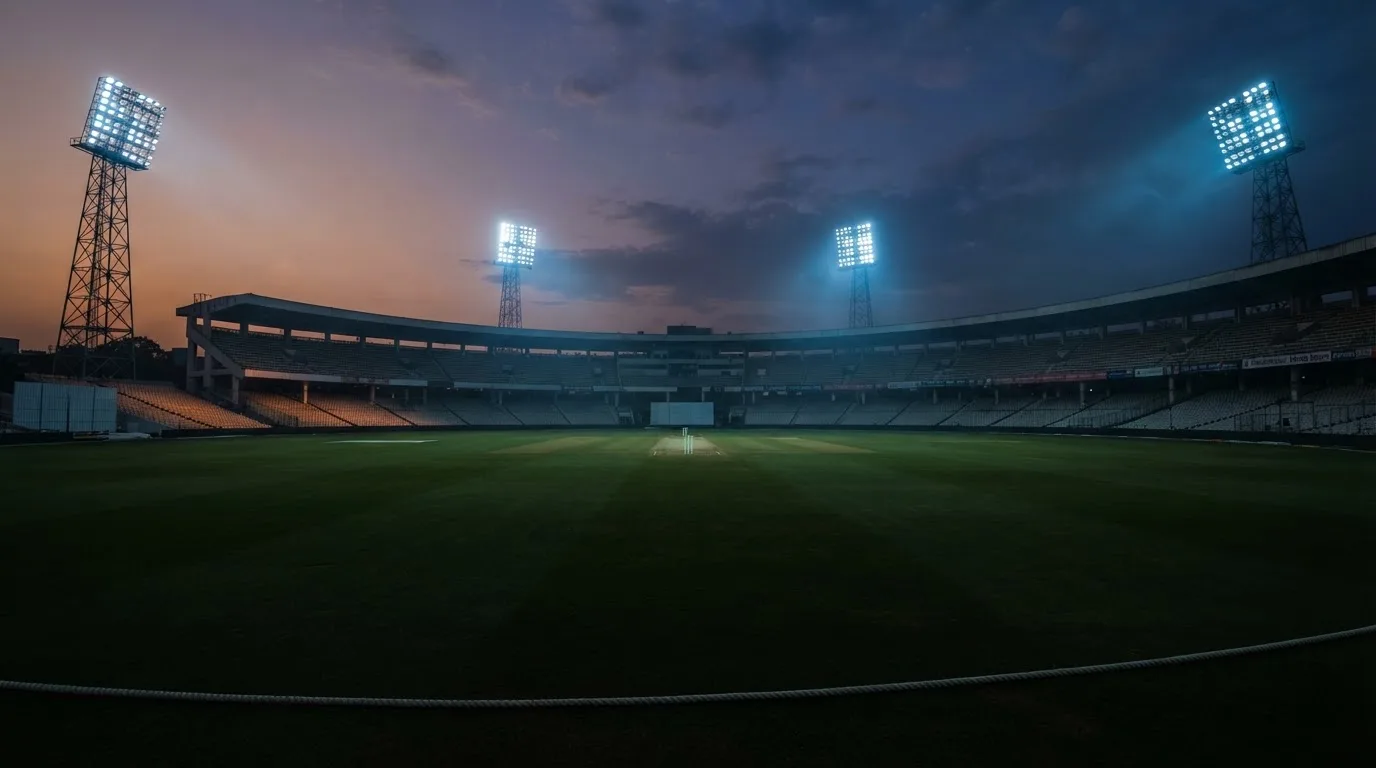 Een leeg voetbalstadion met lichtmasten bij schemering