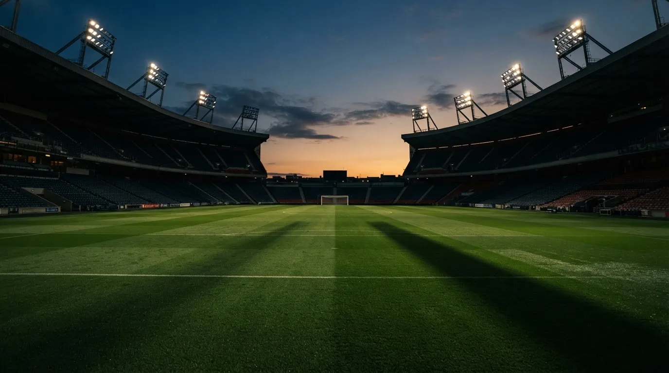 Een leeg voetbalstadion met lichtmasten bij schemering