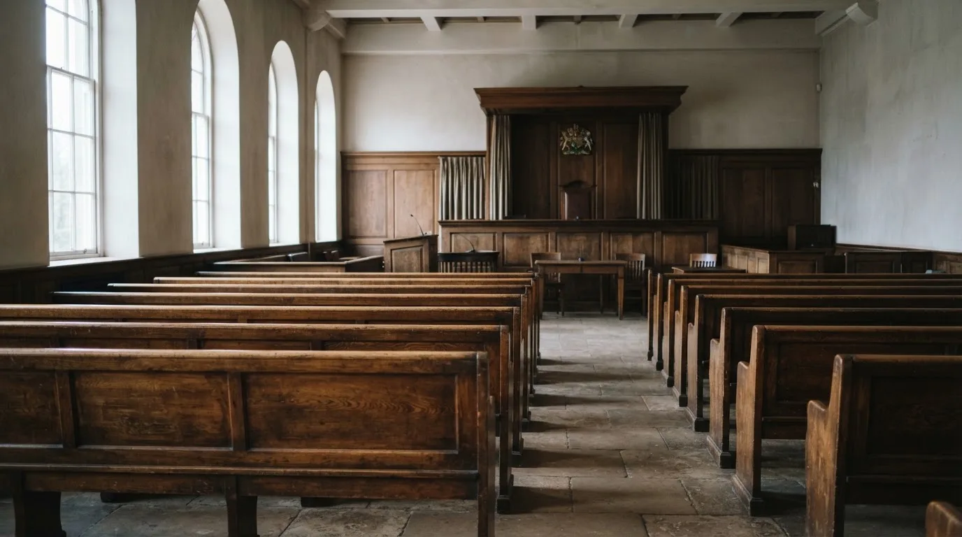 Een lege rechtszaal met houten banken in het ochtendlicht