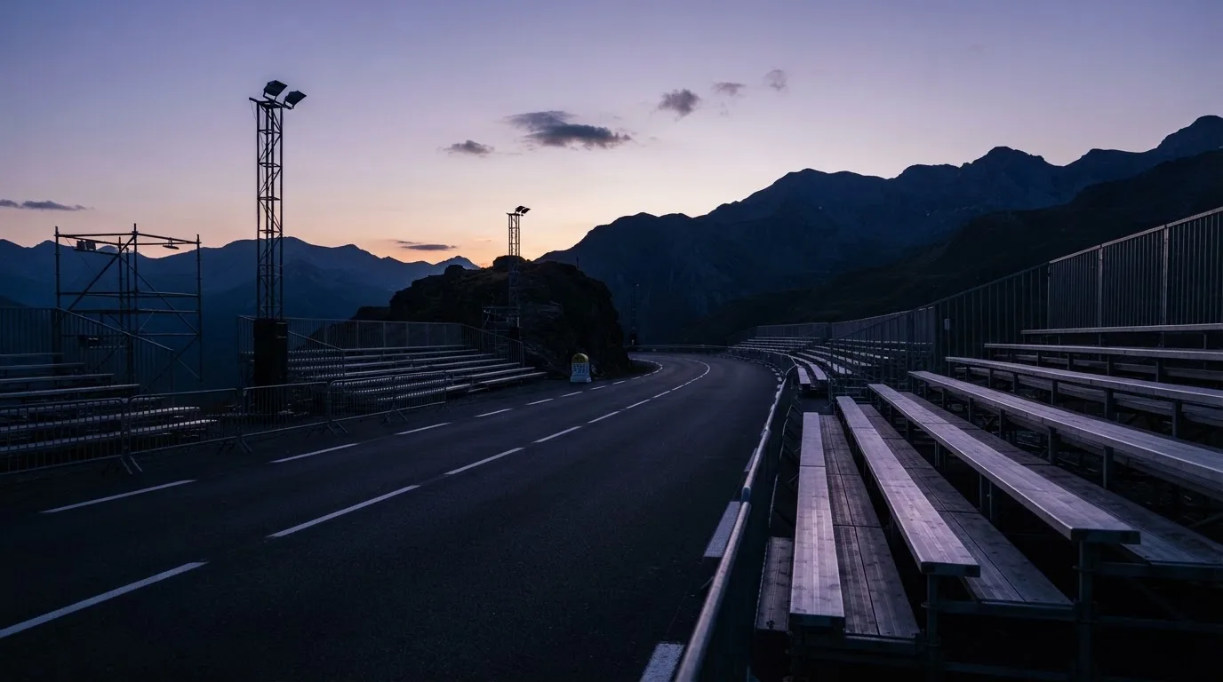 Een leeg voetbalstadion met lichtmasten bij schemering