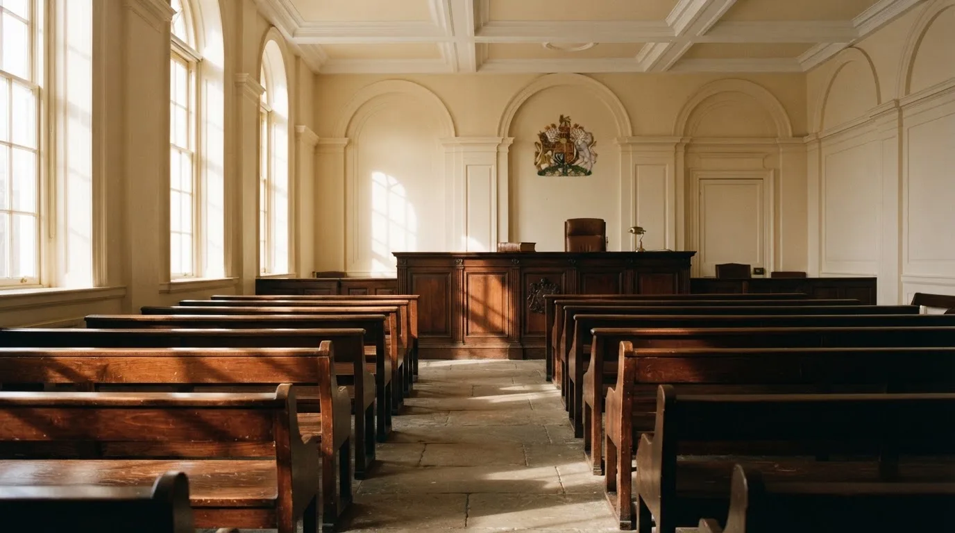 Een lege rechtszaal met houten banken in het ochtendlicht
