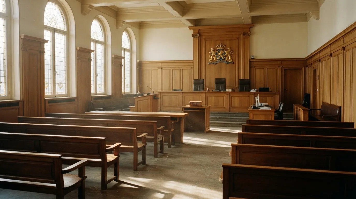 Een lege rechtszaal met houten banken in het ochtendlicht